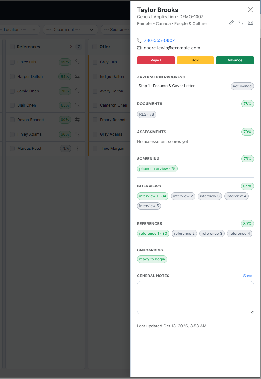AssessPro applicant detail panel showing progress, documents, assessments, interviews, references, and scores