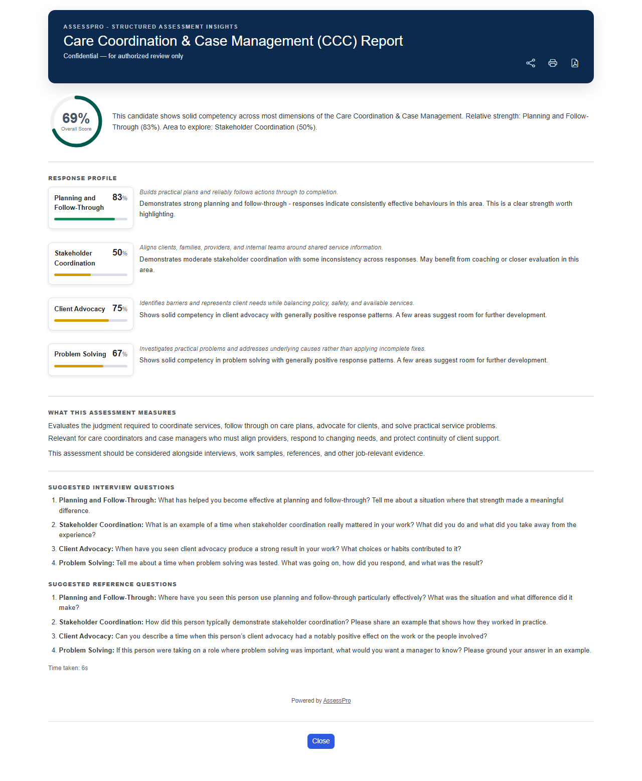AssessPro role-specific assessment report showing an overall score, competency profile, and interview questions